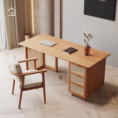 SAER, Bàn làm việc sang trọng hiện đại, BLV_007, 140x60x75cm, Gỗ cao su phủ Veneer phối lưới mây tre, Nội thất Nhà Trên Cao