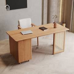 SAER, Bàn làm việc sang trọng hiện đại, BLV_007, 140x60x75cm, Gỗ cao su phủ Veneer phối lưới mây tre, Nội thất Nhà Trên Cao