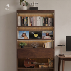 SOLIN, KS_014, kệ sách hiện đại có đèn, 90x30x198cm, Plywood phủ veneer, Nội thất Nhà trên cao