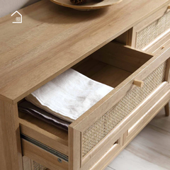 LUDI, Tủ lưu trữ phối lưới mây tre, TLT_014, 120x40x80cm, Gỗ cao su phủ sồi, Nội thất Nhà trên cao