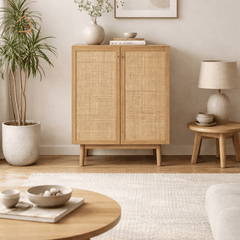 MEY, Tủ lưu trữ phối lưới mây hài hòa công năng, 70x40x90cm, MDF phủ melamine, Nội thất Nhà Trên Cao