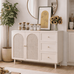 CHIC, TLT_034, Tủ lưu trữ trang trí hiện đại, 120x40x80cm, Gỗ MDF phủ sơn 2K Phối mây tre, Nội thất Nhà trên cao