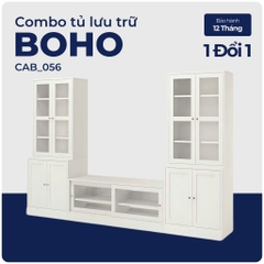 BOHO, COMBO 2 kệ để đồ cửa kính kèm Kệ tivi, CAB_056, 322x47x212cm, Nội thất Nhà trên cao