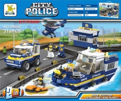 KTSM608 HỘP LOGO RÁP NHÀ, XE CS, TÀU, MÁY BAY TRỰC THĂNG 2 IN 1 310 MIẾNG CITY POLICE 38X7.5X27
