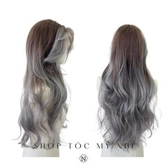 Tóc Giả Mỹ Nhi Bouncy Curl Tóc Xoăn Bung Layer Mái Bay Màu Tóc Balayage Xám Xanh x-3d-0201 Da Đầu 3D Kết Hợp (phân khúc DÁN KEO)
