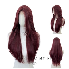 Tóc Giả Mỹ Nhi Tóc Thẳng Layer Hai Mái Màu Đỏ Cherry t-dk1-0310 Da Đầu Dệt Kim