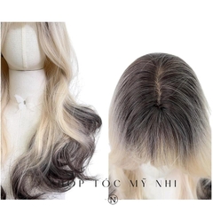 Tóc Giả Mỹ Nhi Xoăn Layer Mái Thưa Hàn Quốc Màu Tóc Vàng Bạch Kim Ombre x-dk-0105 Da Đầu Dệt Kim (tóc màu vàng tẩy ivory)