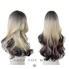 Tóc Giả Mỹ Nhi Xoăn Layer Mái Thưa Hàn Quốc Màu Tóc Vàng Bạch Kim Ombre x-dk-0105 Da Đầu Dệt Kim (tóc màu vàng tẩy ivory)