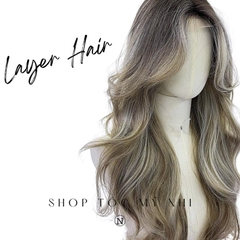 Tóc Giả Mỹ Nhi Xoăn Layer Hai Mái Bay Màu Tóc Highlight Rêu Khói x-dk1-0112 Da Đầu Dệt Kim