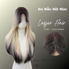 Tóc Giả Mỹ Nhi Thẳng Layer Hai Mái Màu Tóc Vàng Bạch Kim Nhuộm Ombre Loang Màu t-dk1-0309 Da Đầu Dệt Kim (ivory ombre)