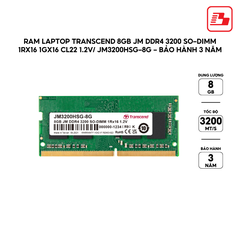 Ram Laptop Transcend 8GB JM DDR4 3200 SO-DIMM 1Rx16 1Gx16 CL22 1.2V JM3200HSG-8G - Bảo hành 3 năm