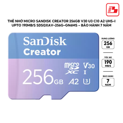 Thẻ nhớ micro SanDisk Creator 256GB V30 U3 C10 A2 UHS-I upto 190MB/s SDSQXAV-256G-GN6MS - Bảo hành 7 năm