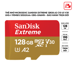Thẻ nhớ MicroSDXC SanDisk Extreme 128GB A2 C10 U3 V30 UHS-I 190MB/s  SDSQXAA-128G-GN6MN  - Bảo hành trọn đời