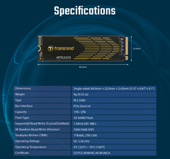 Ổ cứng gắn trong SSD Transcend TS2TMTE255S Heatsink 2TB M.2 2280 NVMe PCIe Gen4 x4 R/W 7400/6100MB/s - Bảo Hành 5 năm