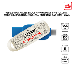 USB 3.2 OTG Sandisk Snoopy Phone Drive Type-C SDDDC6 256GB 100MB/s SDDDC6-256G-PS46 Màu Xanh - Bảo hành 5 năm