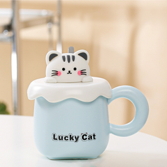 Cốc Ly Trà Cafe Bằng Sứ Hình Mèo Dễ Thương Có Tay Cầm Và Nắp Đậy Kèm Thìa Muỗng Dùng Làm Quà Tặng Bạn Bè Người Thân