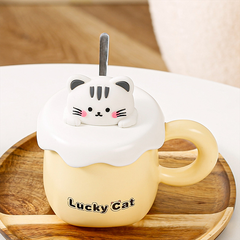 Cốc Ly Trà Cafe Bằng Sứ Hình Mèo Dễ Thương Có Tay Cầm Và Nắp Đậy Kèm Thìa Muỗng Dùng Làm Quà Tặng Bạn Bè Người Thân