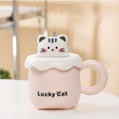 Cốc Ly Trà Cafe Bằng Sứ Hình Mèo Dễ Thương Có Tay Cầm Và Nắp Đậy Kèm Thìa Muỗng Dùng Làm Quà Tặng Bạn Bè Người Thân