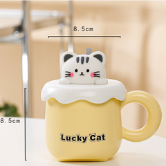 Cốc Ly Trà Cafe Bằng Sứ Hình Mèo Dễ Thương Có Tay Cầm Và Nắp Đậy Kèm Thìa Muỗng Dùng Làm Quà Tặng Bạn Bè Người Thân