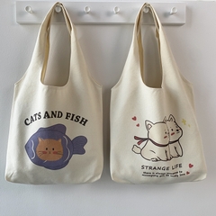 Túi vải canvas hoạ tiết mèo và cá