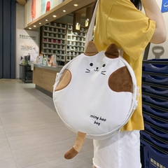 Túi vải hình tròn size to hình mèo có khóa kéo, quai đeo dài