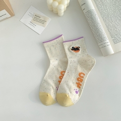 Tất cao cổ thêu hình mèo mix màu