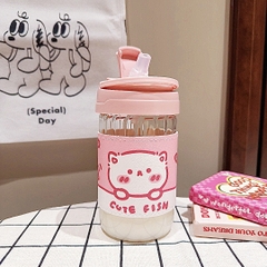 Bình thủy tinh đựng nước có bao da hình mèo 500ml màu hồng