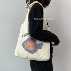 Túi vải canvas hoạ tiết mèo và cá