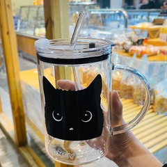 Cốc Thủy tinh hình mèo đen có tay cầm, ống hút 1000ml