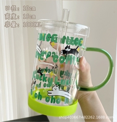 Cốc thủy tinh hình mèo, nắp và đế silicon có ống hút 1000ml