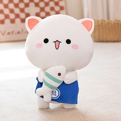 Mèo bông trắng mặc đồ xanh cầm cá 35cm
