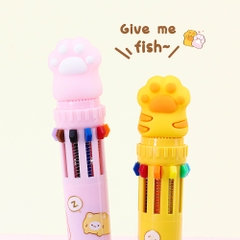Bút bi bấm 10 màu hình chân mèo màu hồng, vàng