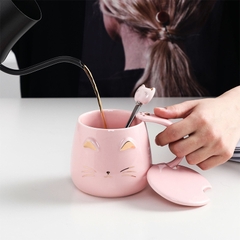 Cốc Ly Sứ Hình Mặt Mèo Dung Tích 400ml  Có Tay Cầm Và Nắp Đậy Kèm Thìa Muỗng - Quà Tặng Bạn Bè Người Thân