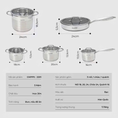 Bộ nồi chảo inox 5 món cao cấp Gume Hàn Quốc 5 đáy dùng cho mọi loại bếp