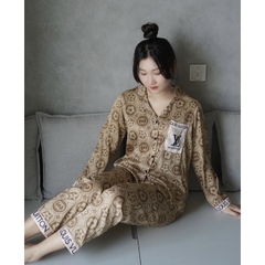 SP_40 Đồ bộ pijama BOLOBALA tay dài quần dài mặc nhà chất lụa xước hoạ tiết L.V sang chảnh