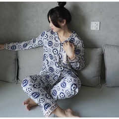 SP_40 Đồ bộ pijama BOLOBALA tay dài quần dài mặc nhà chất lụa xước hoạ tiết L.V sang chảnh
