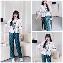 SP_92 Đồ bộ BOLOBALA áo tay lỡ loe, quần dài lụa latin đính nơ xinh xắn, dễ thương