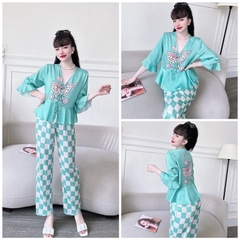 SP_108 Đồ bộ pijama BOLOBALA mặc nhà quần dài áo tay lỡ 3 nơ chất lụa latin cực sang xịn mịn