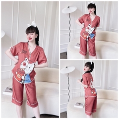 SP_117 Đồ bộ pijama BOLOBALA mặc nhà quần lửng áo tay ngắn cột nơ chất lụa xước, cổ V rất dễ thương