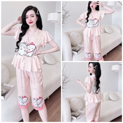 SP_126 Đồ bộ pijama BOLOBALA mặc nhà quần lửng áo tay cánh tiên đính 3 nơ chất lụa latin xịn , bảng màu mới