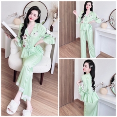 SP_131 Đồ bộ pijama BOLOBALA mặc nhà quần dài áo tay lỡ 3 nơ peplum chất lụa latin rất dễ thương