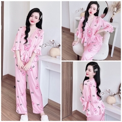 SP_131 Đồ bộ pijama BOLOBALA mặc nhà quần dài áo tay lỡ 3 nơ peplum chất lụa latin rất dễ thương