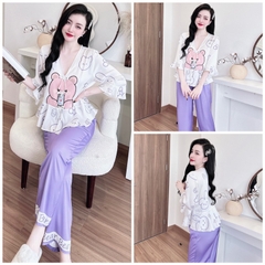 SP_131 Đồ bộ pijama BOLOBALA mặc nhà quần dài áo tay lỡ 3 nơ peplum chất lụa latin rất dễ thương