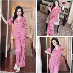 SP_184 Đồ bộ pijama BOLOBALA cổ vest nữ mặc nhà quần dài áo tay ngắn chất gấm kim cương, hai hàng nút cao cấp đủ màu