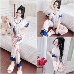 SP_193 Đồ bộ pijama BOLOBALA nữ mặc nhà quần dài áo tay ngắn phom truyền thống chất lụa latin in chân hoa siêu đẹp