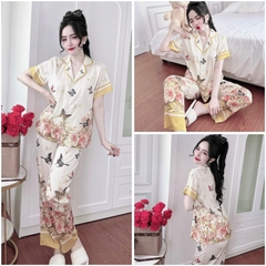 SP_193 Đồ bộ pijama BOLOBALA nữ mặc nhà quần dài áo tay ngắn phom truyền thống chất lụa latin in chân hoa siêu đẹp