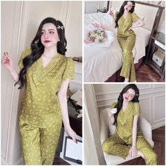 SP_197 Đồ bộ pijama BOLOBALA nữ mặc nhà quần dài áo tay ngắn phối ren cao cấp hàng chất lụa gấm hoạ tiết hoa nhí nổi
