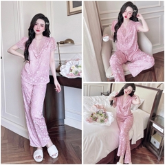 SP_197 Đồ bộ pijama BOLOBALA nữ mặc nhà quần dài áo tay ngắn phối ren cao cấp hàng chất lụa gấm hoạ tiết hoa nhí nổi