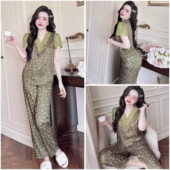 SP_197 Đồ bộ pijama BOLOBALA nữ mặc nhà quần dài áo tay ngắn phối ren cao cấp hàng chất lụa gấm hoạ tiết hoa nhí nổi