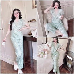 SP_197 Đồ bộ pijama BOLOBALA nữ mặc nhà quần dài áo tay ngắn phối ren cao cấp hàng chất lụa gấm hoạ tiết hoa nhí nổi